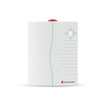 White electronic device with a red button on a white background