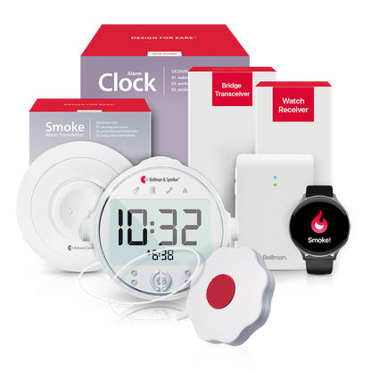 Smoke/Fire Alarm System with Alarm Clock Receiver, Bridge, and Watch Receiver