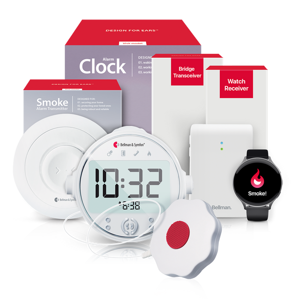 Smoke/Fire Alarm System with Alarm Clock Receiver, Bridge, and Watch Receiver