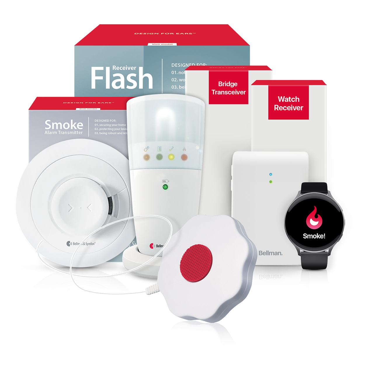 Smoke/Fire Alarm System with Flash Receiver, Bed Shaker, Bridge, and Watch Receiver
