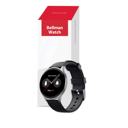 Bellman watch with black strap and digital display on a white background