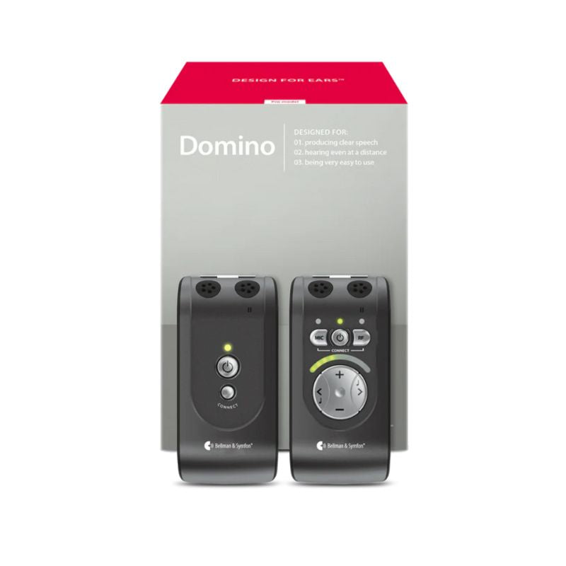 Pair of electronic devices with 'Domino' branding on a gray background