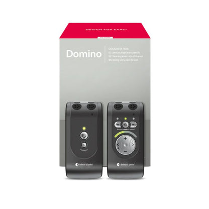 Pair of electronic devices with 'Domino' branding on a gray background