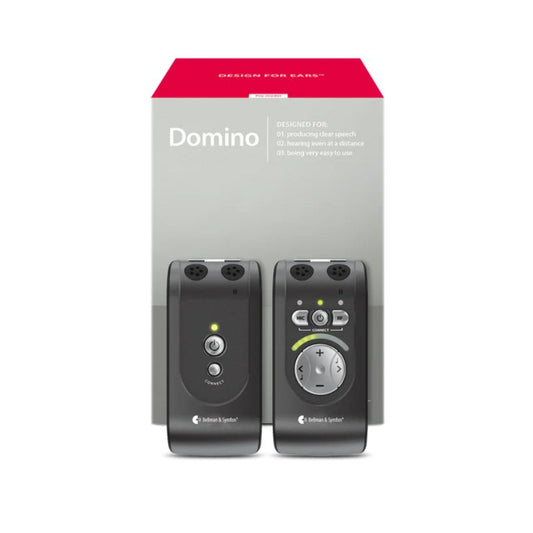Pair of electronic devices with 'Domino' branding on a gray background