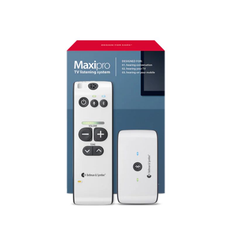 Maxipro TV listening system with remote control and receiver on a white background