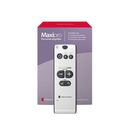 Maxipro personal amplifier with remote control on a white background