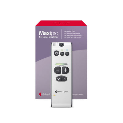 Maxipro personal amplifier with remote control on a white background
