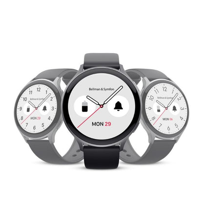 Three smartwatches with different display settings on a white background