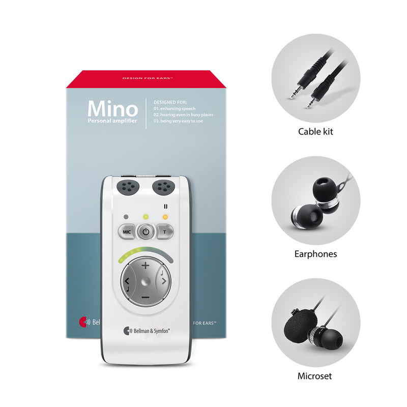Mino Personal Amplifier | with Earbuds, Microset, and TV Cable Kit