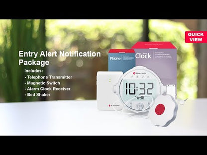 Entry Alert System with Magnetic Switch, Alarm Clock Receiver, and Bed Shaker